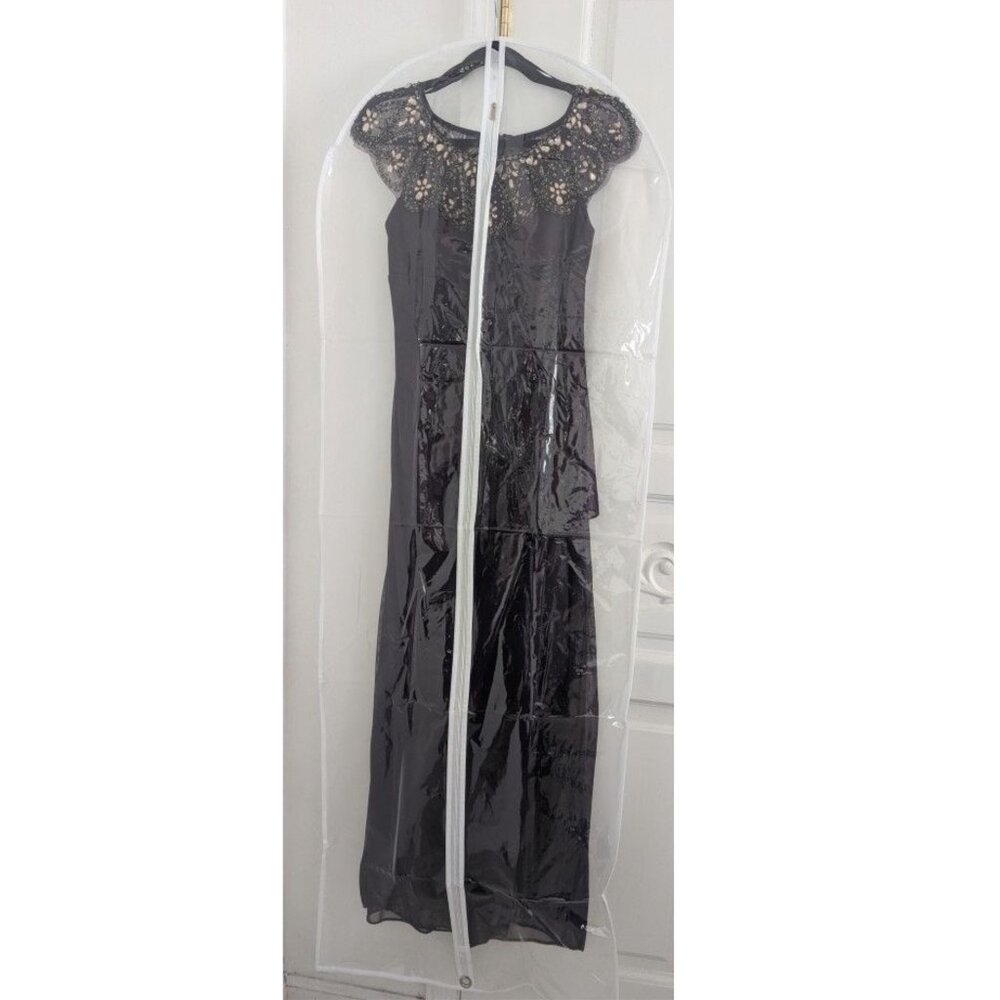 Xscape Plum Embellished Evening Gown Size 6P Beaded Illusion Neckline Maxi - Picture 8 of 9